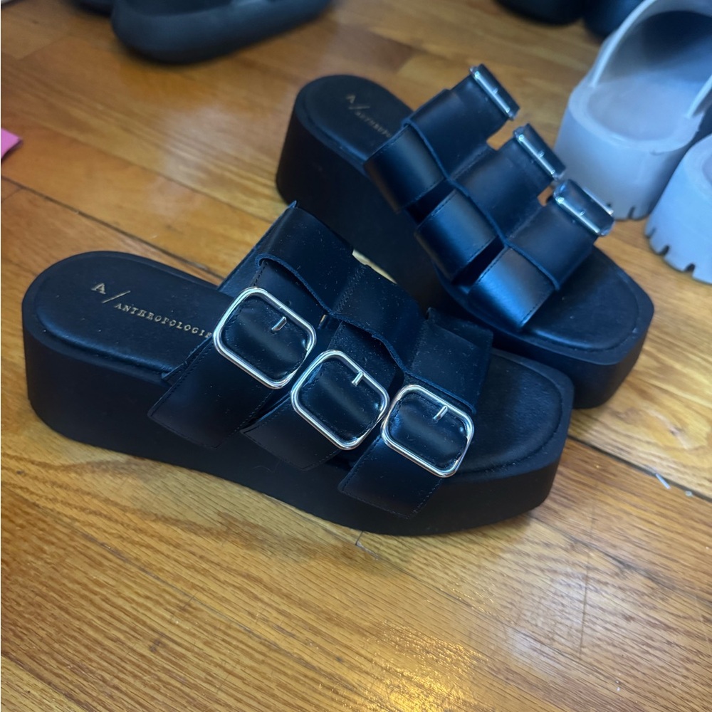 Anthropologie Black Triple-Buckle Platforms